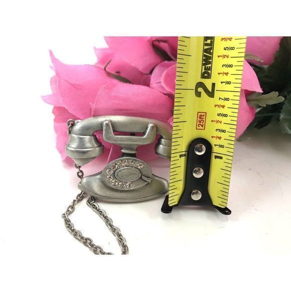Vintage JJ Jonette Telephone Brooch Rotary Dial‎ Phone Pewter and Rhinestone Pin - Picture 10 of 10